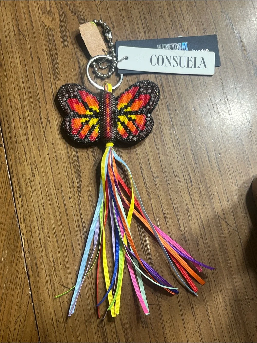 Consuela Multicolor Beaded Butterfly Key & Card Holder with Rainbow Tassel